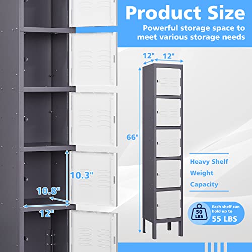 Letaya Metal Lockers 5 Doors 66" Tall Steel Storage Cabinet Gray G40479