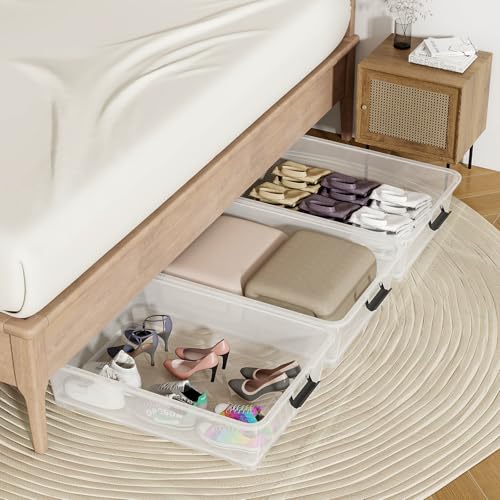Morcte 50 Quart Clear Plastic Under Bed Storage Box with Wheels, 3-Pack R595