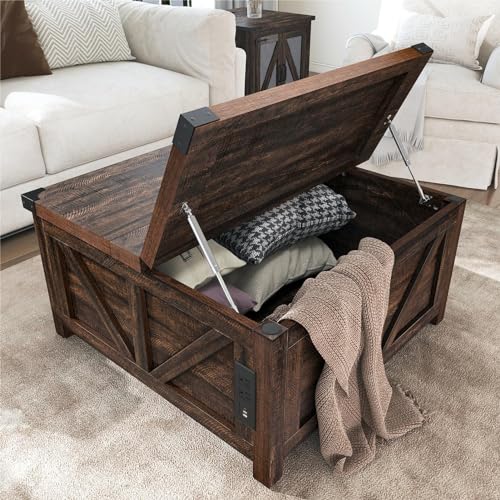 Farmhouse Lift Top Coffee Table with Storage and Charging Station, Brown J61149