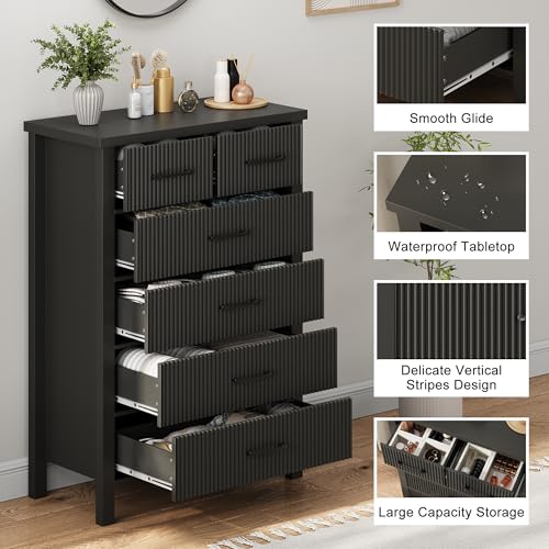 Fluted 6 Drawers Dresser for Bedroom, Tall Boho Chest with Metal Handle, Natural Oak S427