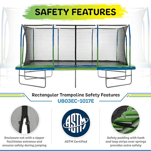 Upper Bounce Rectangle Trampoline with Enclosure, Supports up to 500 lbs E126