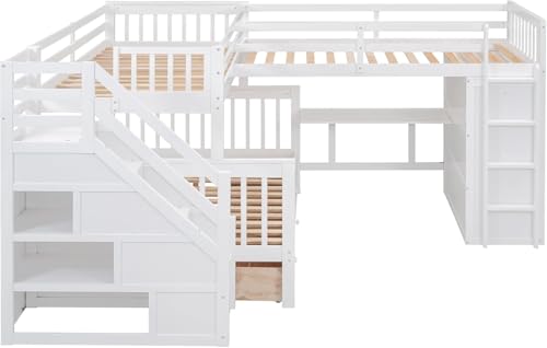 MERITLINE Twin Over Full Triple Bunk Bed with Storage Stairs, Solid Wood, Grey R998