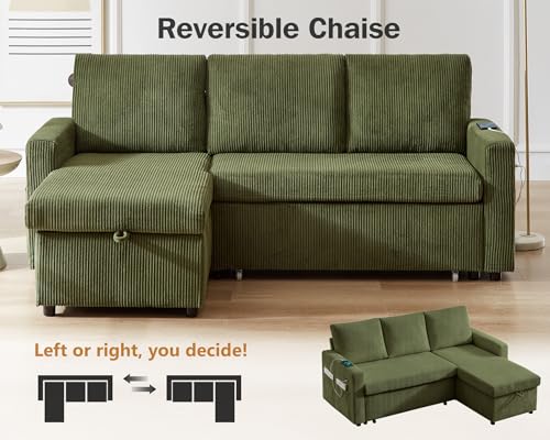 81" L Shaped Sleeper Sofa Bed with Pull Out Bed, Corduroy Green V7995