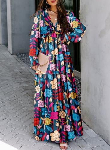BLENCOT Women's Floral Deep V Neck Long Sleeve Maxi Dress R915