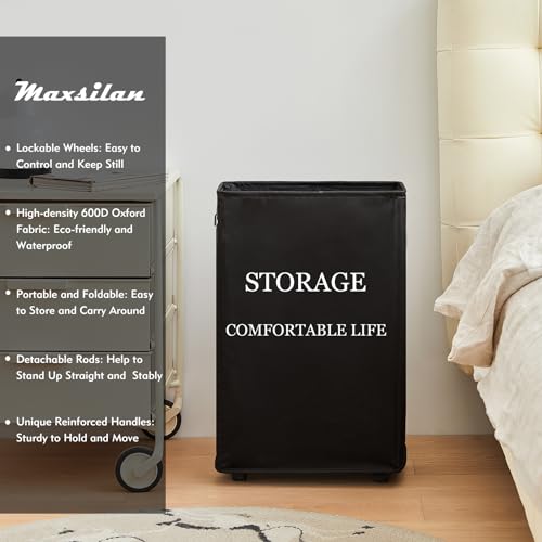 25" Slim Rolling Laundry Basket with Wheels, 50L Collapsible Hamper, Beige W879