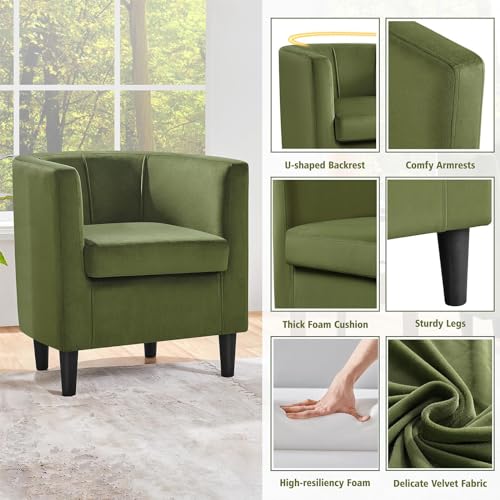 Yaheetech Velvet Accent Chair, Modern Upholstered Barrel Chair, Olive Green J55628