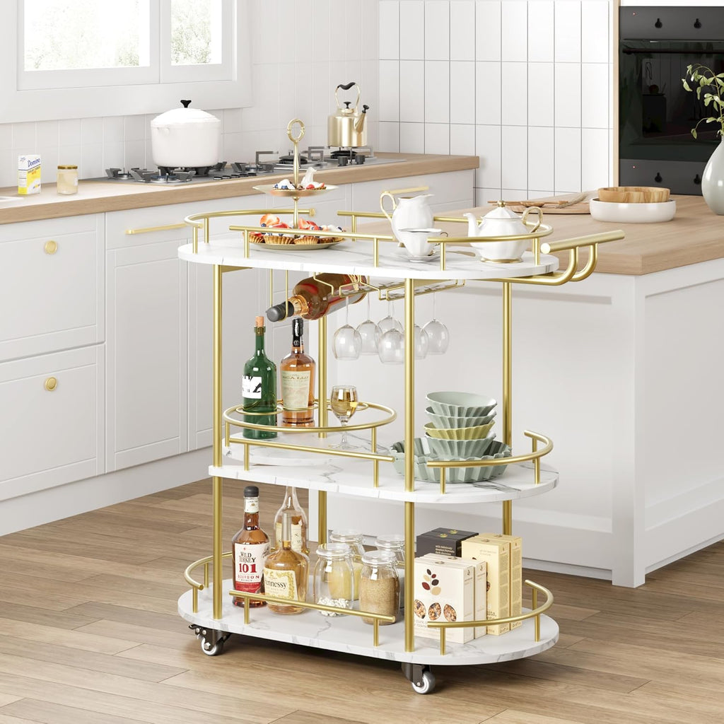 GAOMON Gold 3-Tier Rotating Bar Cart with Wheels and Wine Rack Y344690