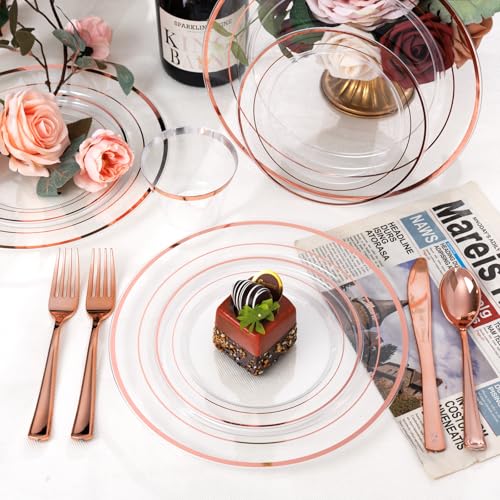 bUCLA 300PCS Gold Disposable Dinnerware Set - White and Gold Plastic Plates for Party S185