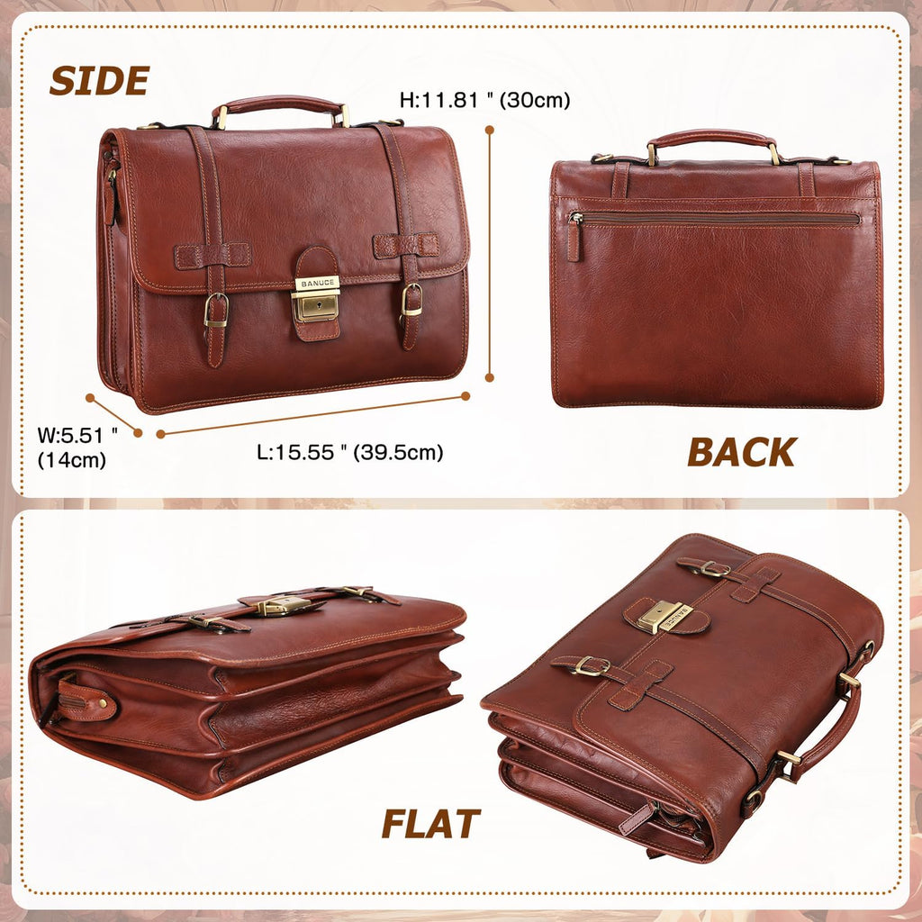Banuce Vintage Genuine Full Grain Italian Leather Briefcase for Men with Lock 14 Inch Laptop Bag Brown B507453