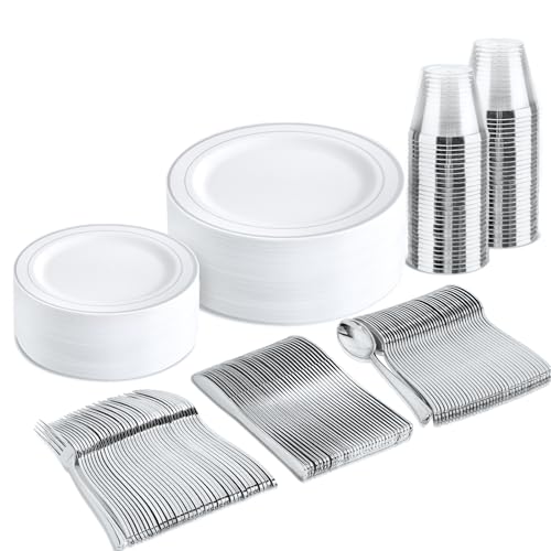 bUCLA 300PCS Gold Disposable Dinnerware Set - White and Gold Plastic Plates for Party S185