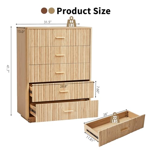 Fluted 5 Drawers Dresser for Bedroom, Wooden Tall Storage, Walnut L1075