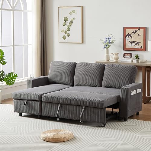 L-Shaped Pull Out Sleep Sofabed with Storage Chaise, Chenille Upholstered X30892
