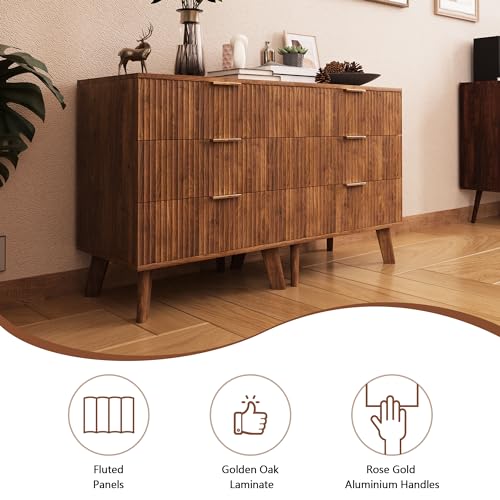 Fluted 5 Drawers Dresser for Bedroom, Wooden Tall Storage, Walnut L1075