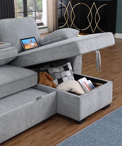 L-Shaped Pull Out Sleep Sofabed with Storage Chaise, Chenille Upholstered X30892