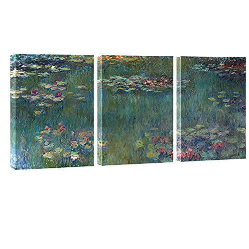 Wieco Art 3 Panels Framed Canvas Wall Art Water Lilies by Claude Monet Famous Paintings Canvas Prints for Living Room Impressionistic Flower Wall Pictures for Bedroom Decorations