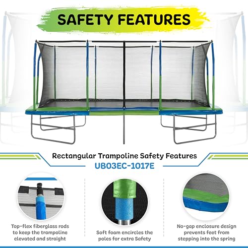 Upper Bounce Rectangle Trampoline with Enclosure, Supports up to 500 lbs E126