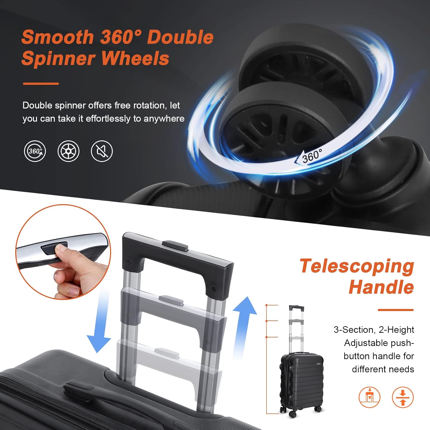 Black Luggage Set 3 Piece Hardside Expandable Spinner Wheels Suitcases R4559