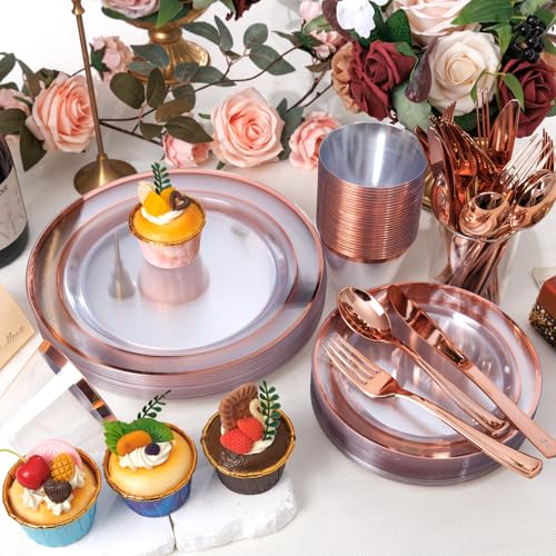 bUCLA 300PCS Gold Disposable Dinnerware Set - White and Gold Plastic Plates for Party S185