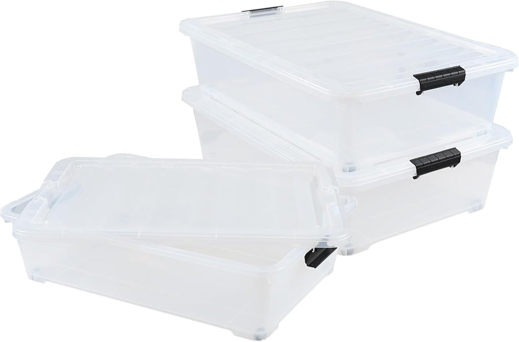 3 Packs Large Clear 50 L Plastic Under Bed Storage Container Bins with Wheels, Stackable Organizer Boxes with Lids, Rolling Underbed Drawers