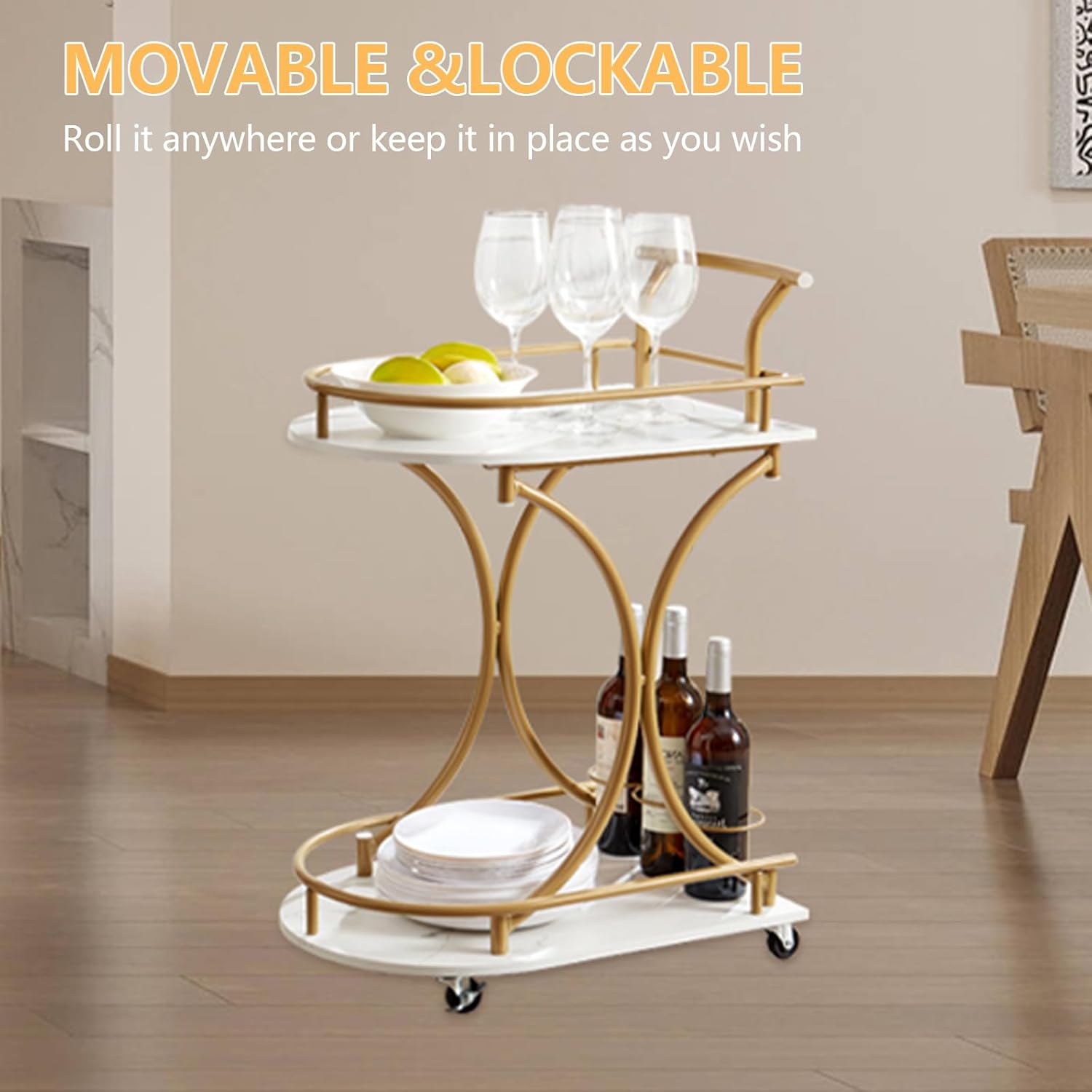 2-Tier Rolling Bar Cart with Wine Rack and Glass Holder, Gold K4336
