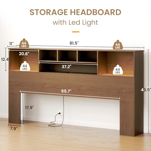 King Size Bed Headboard with LED Light and Storage Bookcase H72493