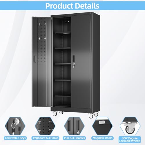 Aobabo 73''H Metal Garage Storage Cabinet with Wheels, Black S572804