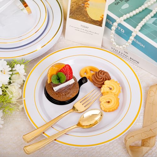 bUCLA 300PCS Gold Disposable Dinnerware Set - White and Gold Plastic Plates for Party S185