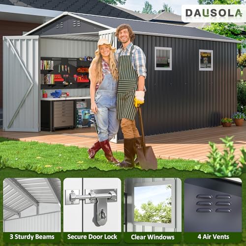 10x10 FT Outdoor Metal Storage Shed with Lockable Doors, Grey Q804763