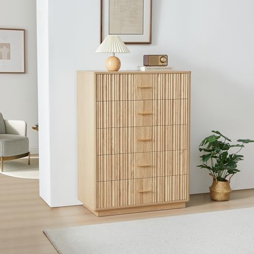 Fluted 5 Drawers Dresser for Bedroom, Wooden Tall Storage, Walnut L1075