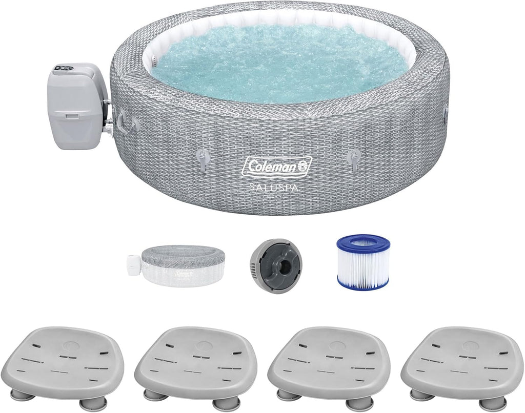 Bestway Coleman Sicily AirJet Inflatable Round Hot Tub with EnergySense Cover & 4 SaluSpa Underwater Non-Slip Pool Spa Seat with Adjustable Legs, Gray