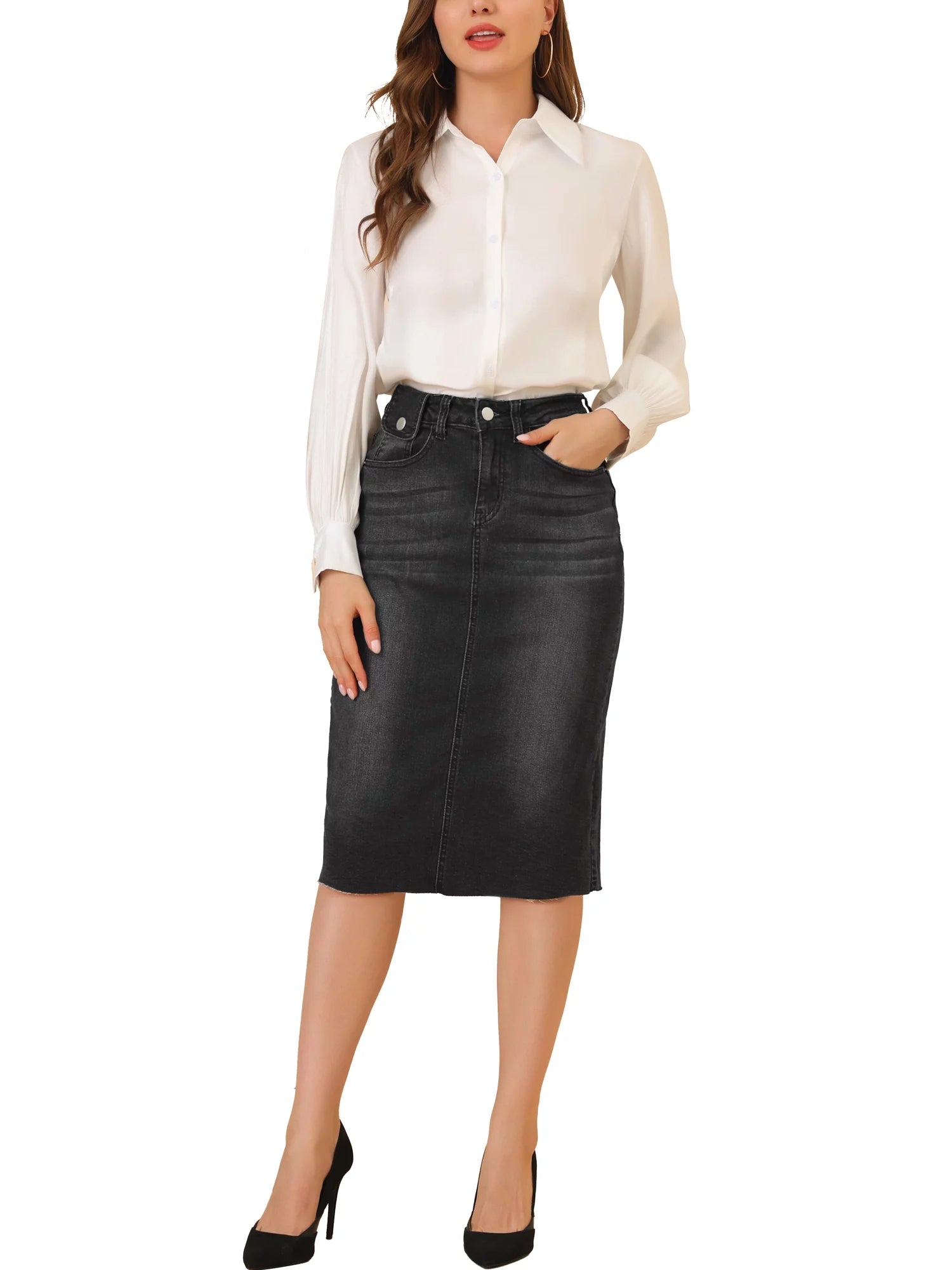 Unique Bargains Women's High Waist Denim Midi Skirt Black B4832
