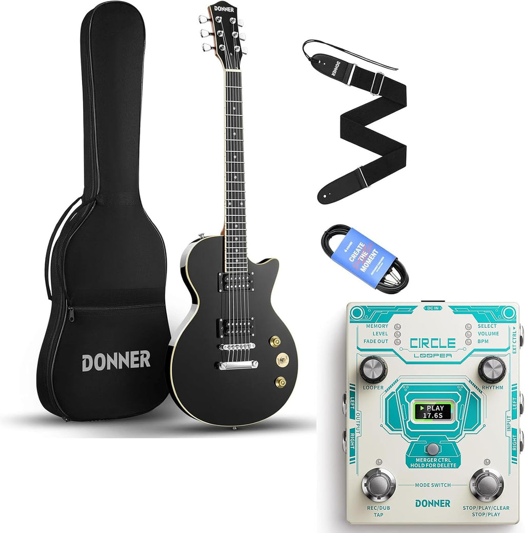 Donner Electric Guitar LP Solid Body, Full-Size 39 Inch Electric Guitar-Circle Looper Pedal Drum Machine