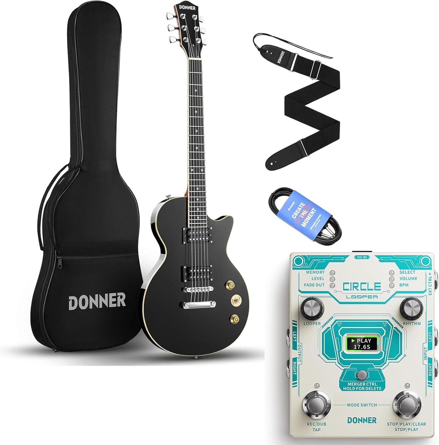 Donner Electric Guitar LP Solid Body, Full-Size 39 Inch Electric Guitar-Circle Looper Pedal Drum Machine