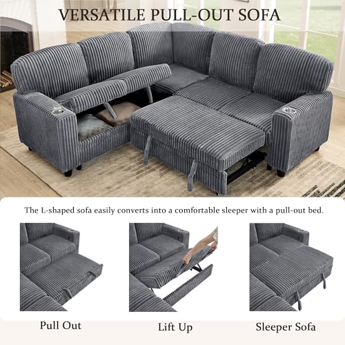 L-Shaped Pull Out Sleep Sofabed with Storage Chaise, Chenille Upholstered X30892