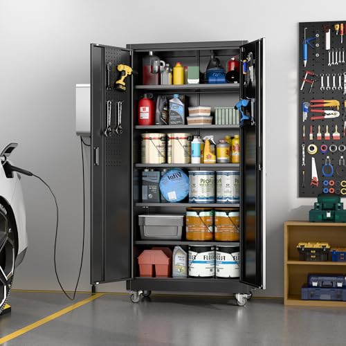 Aobabo 73''H Metal Garage Storage Cabinet with Wheels, Black S572804