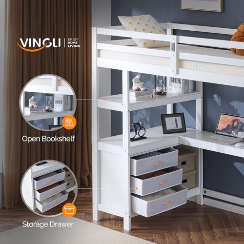VINGLI Twin Loft Bed with L-Shaped Desk, 3 Storage Drawers, Solid Wood, White W24917