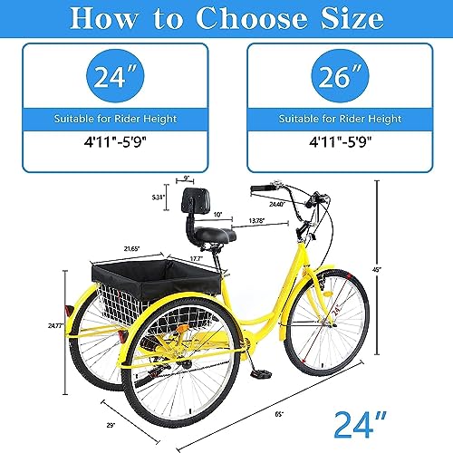 Adult Tricycle 24in 3-Wheel 7-Speed Cruiser Trike with Basket and Backrest for Seniors P61529