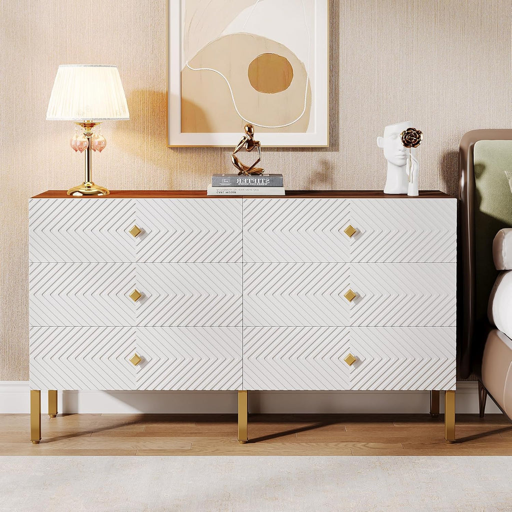 Tribesigns 6-Drawer Dresser for Bedroom, Wood Storage Cabinet with Gold Legs, White & Brown T408265