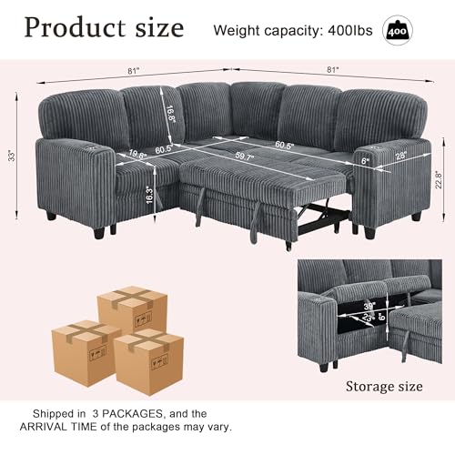L-Shaped Pull Out Sleep Sofabed with Storage Chaise, Chenille Upholstered X30892