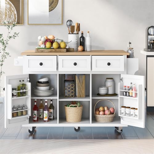Kitchen Island with Storage, Rolling Kitchen Cart on Wheels with 3 Drawers and Internal Storage Racks, Rolling Mobile Portable Kitchen Cart with Drop-Leaf Countertop and Spice Rack (Black)