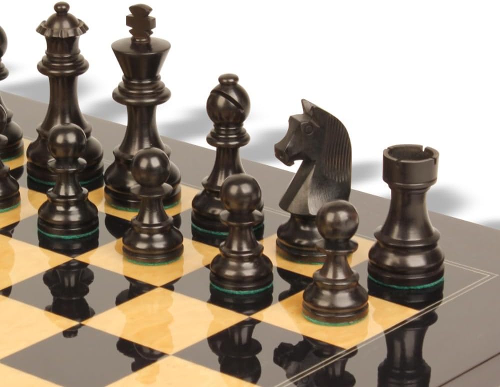 German Knight Staunton Chess Set Ebonized & Boxwood Pieces with Ash Burl Board - 3.75" King H98214