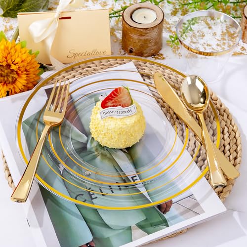 bUCLA 300PCS Gold Disposable Dinnerware Set - White and Gold Plastic Plates for Party S185