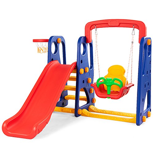 Costzon Toddler Long Slide Set, 3-in-1 Large Climber Playset w/Basketball Hoop, Stairs, Thickened Panel, Playground Swing for Indoor Outdoor Backyard 3-10 Gifts Presents