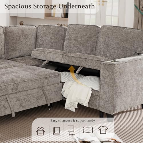 L-Shaped Pull Out Sleep Sofabed with Storage Chaise, Chenille Upholstered X30892