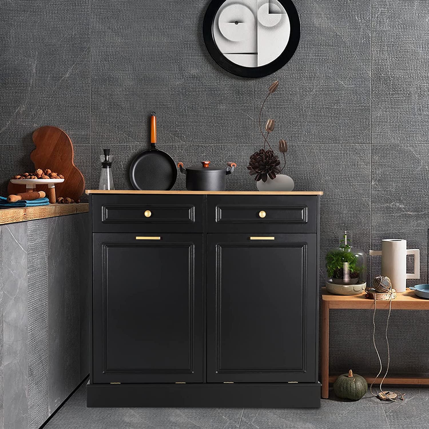GEROBOOM Double Kitchen Trash Cabinets Two Tilt Out Trash Cabinets with Solid Hideaway Drawers Free Standing Wooden Kitchen  Recycling Cabinet  Holder (Black)