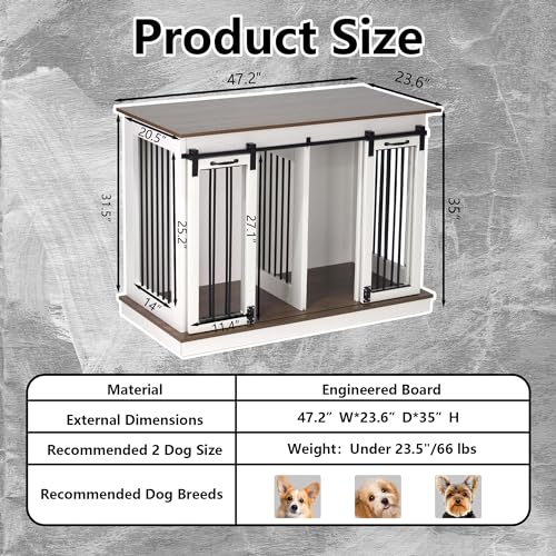 Dog Crate Furniture with Divider, Double Doors, White Y29932