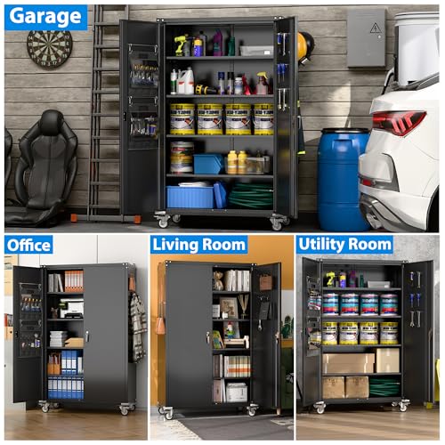Aobabo 73''H Metal Garage Storage Cabinet with Wheels, Black S572804