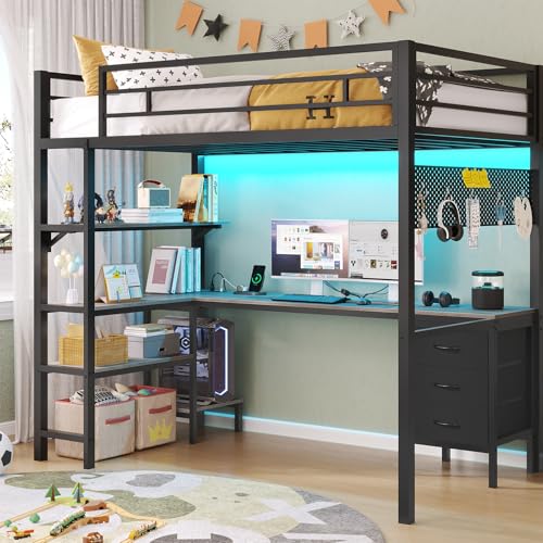 ADORNEVE Twin Size Metal Loft Bed with L-Shaped Desk, LED Lights, Charging Station S614727
