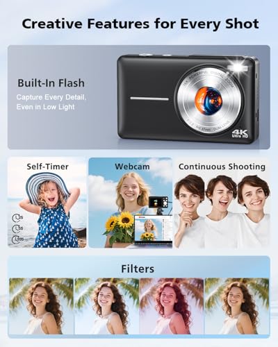 4K 64MP Autofocus Vlogging Camera with Front Rear Lens, 16X Zoom, White T3704