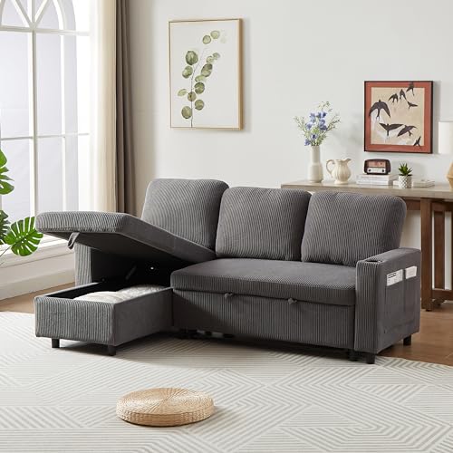 L-Shaped Pull Out Sleep Sofabed with Storage Chaise, Chenille Upholstered X30892